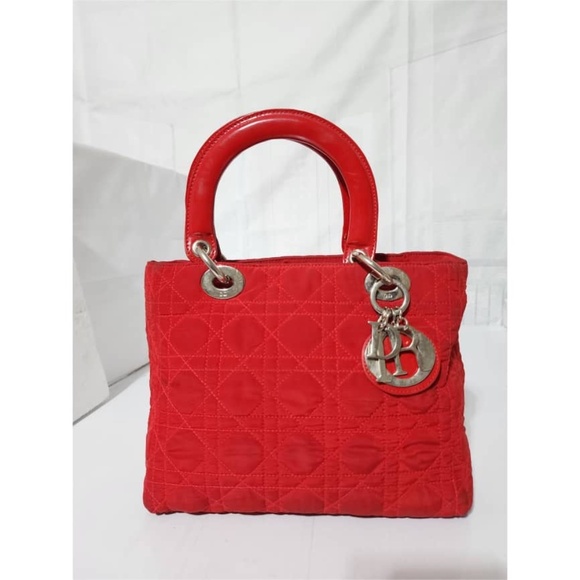 Authentic Christian Dior Vintage Canage Quilted Nylon Lady Dior Hand Bag Red - Picture 15 of 16